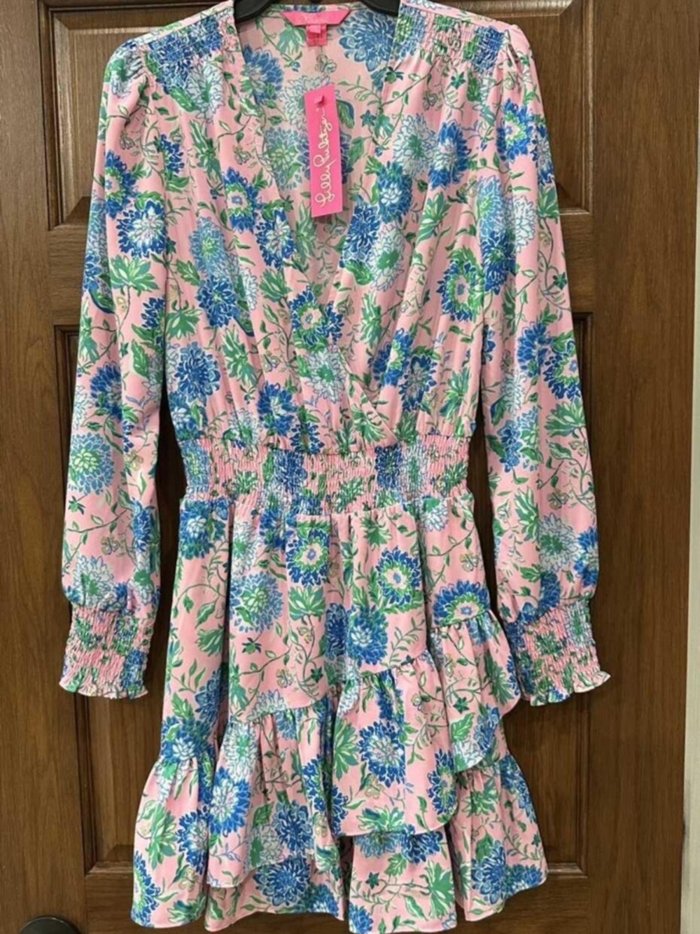 Lilly Pulitzer Floral Pink Blue Green Ruffle Wrap Dress
